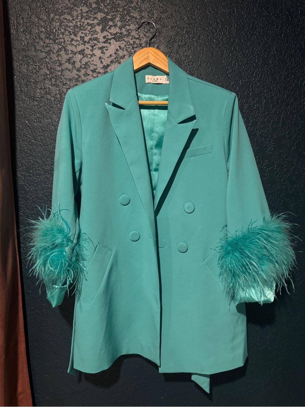 Club L London Teal Feather-Cuff Belted Blazer - Picture 2 of 5